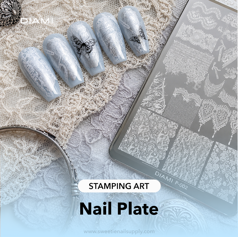 DIAMI - Nail Stamping Art Plates 5 Set (P001-P005) + Stamper/Lint Roller/Roller Refill Gifts