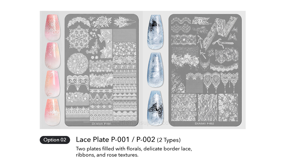 DIAMI - Nail Stamping Art Plates 5 Set (P001-P005) + Stamper/Lint Roller/Roller Refill Gifts