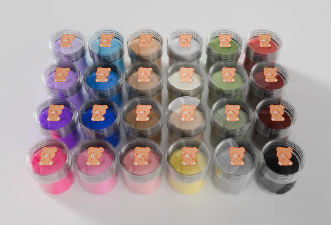 Set of small containers with colorful contents and bear-shaped lids on a white background
