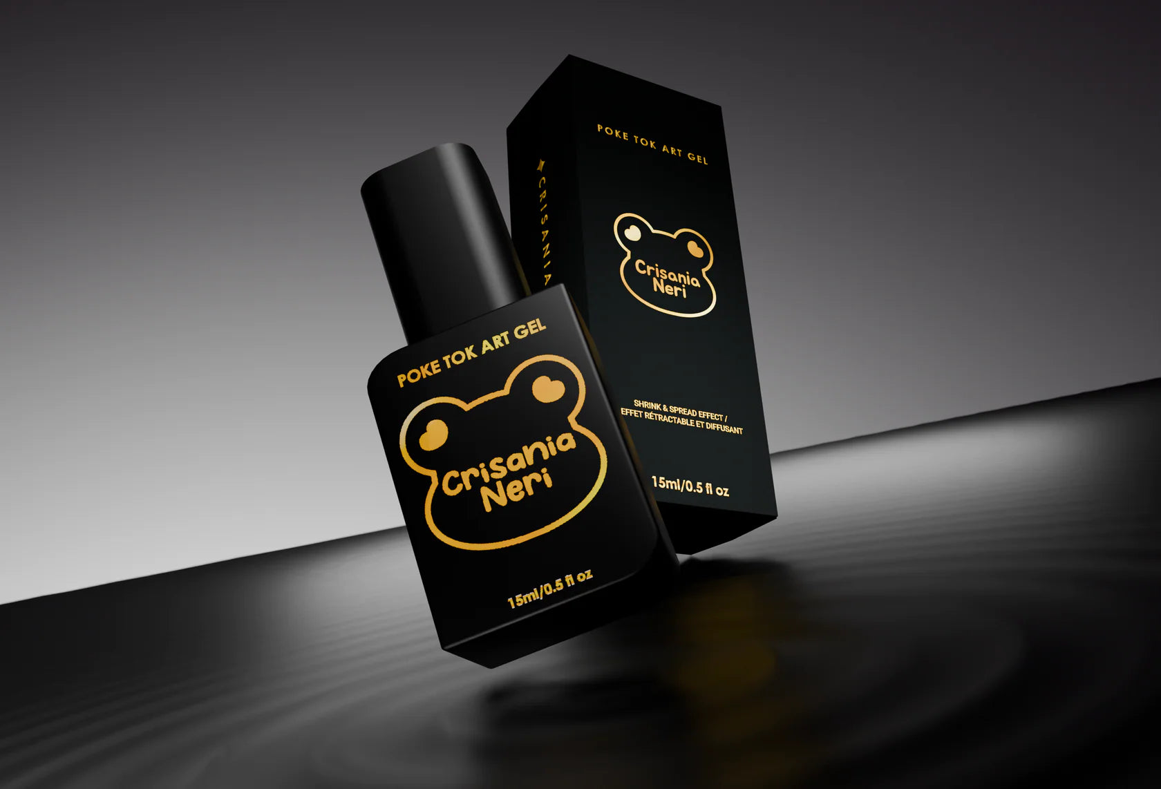 Black nail polish bottle and box on a dark background