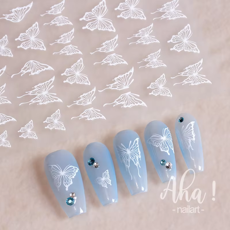 Aha Sticker Aha065-01 - Self-Adhesive Aha Butterfly Nail Stickers (White)