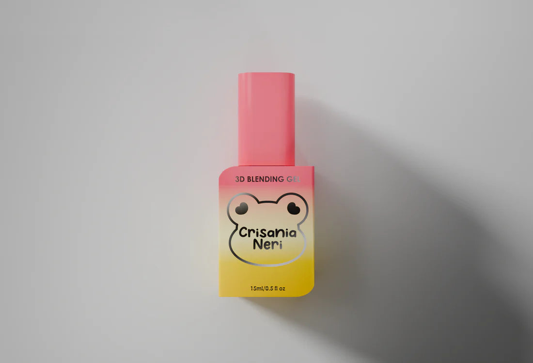 Pink and yellow bottle with a bear design on a gray background