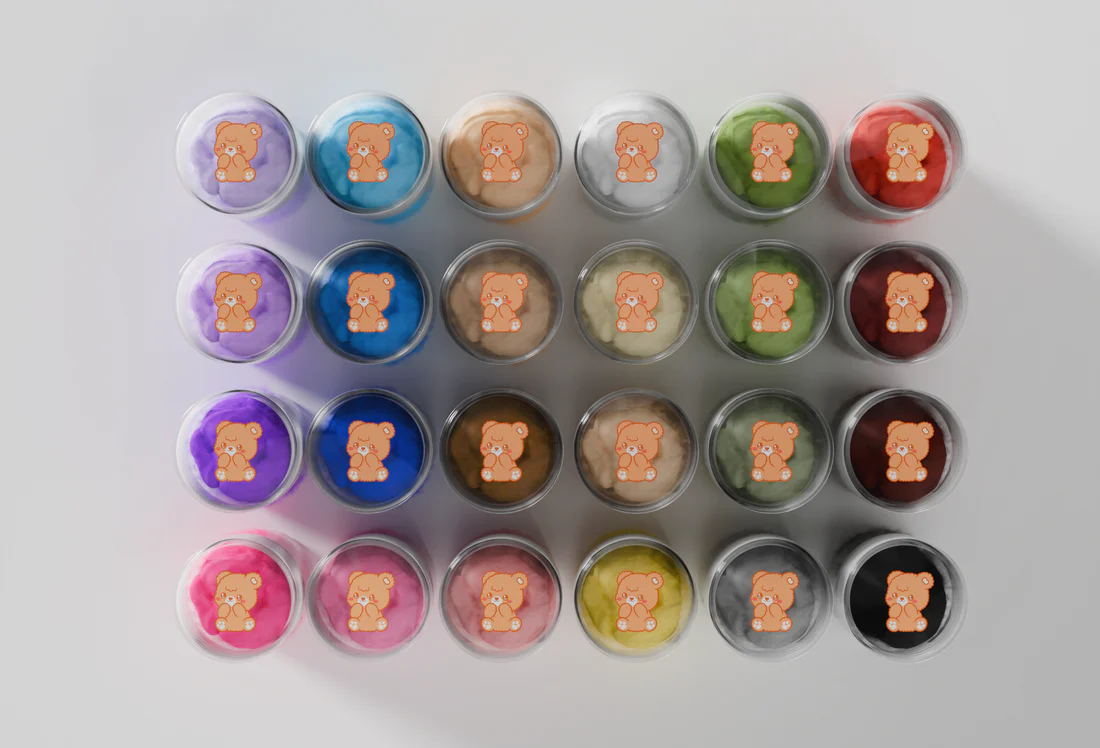 Set of colorful containers with bear designs on a white background