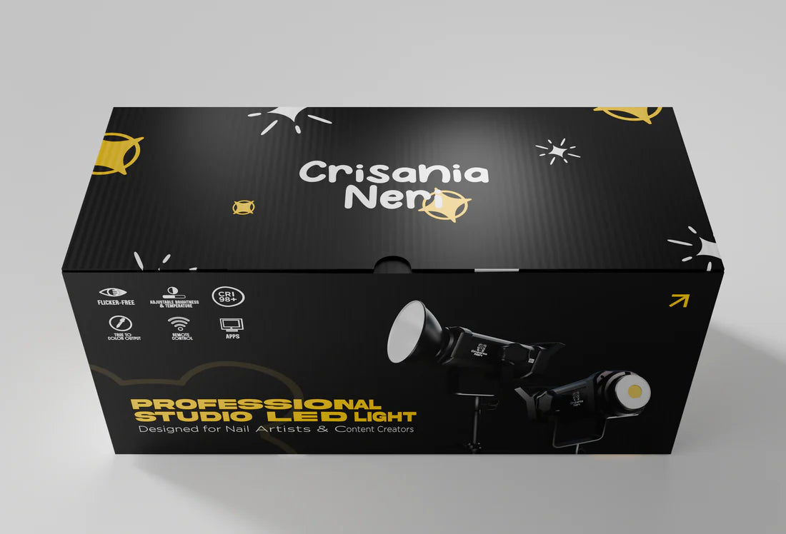 Box of Crisania Nero professional studio LED light on a gray background