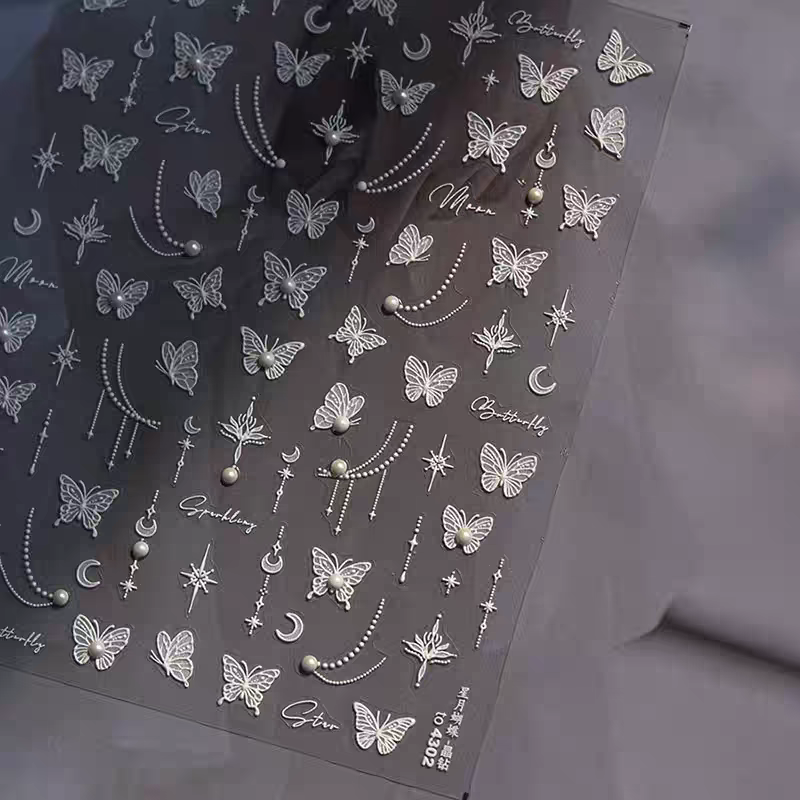 4302 - Self-Adhesive White Celestial Butterfly Nail Stickers (Pearl)