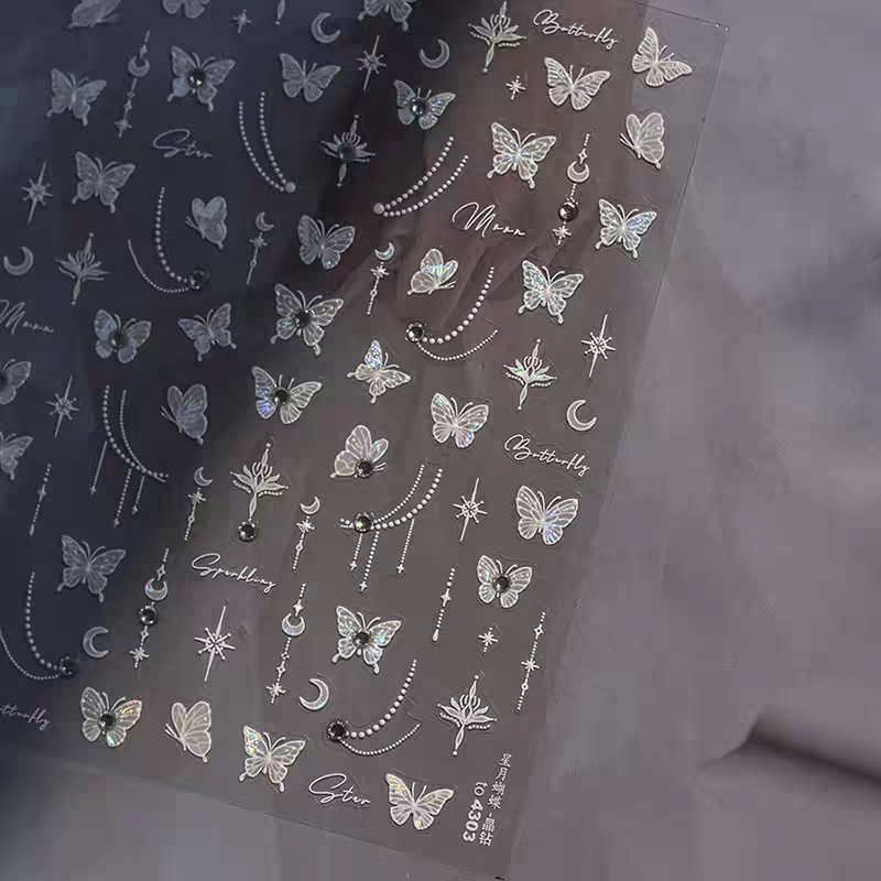 4303 - Self-Adhesive White Celestial Butterfly Nail Stickers (Jewel)
