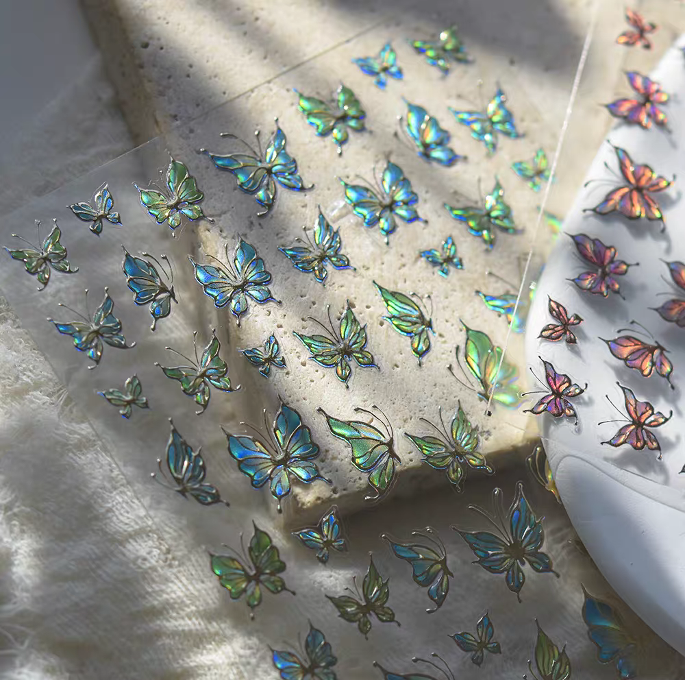 4424 - Self-Adhesive Green/Blue Holographic Butterfly Nail Stickers