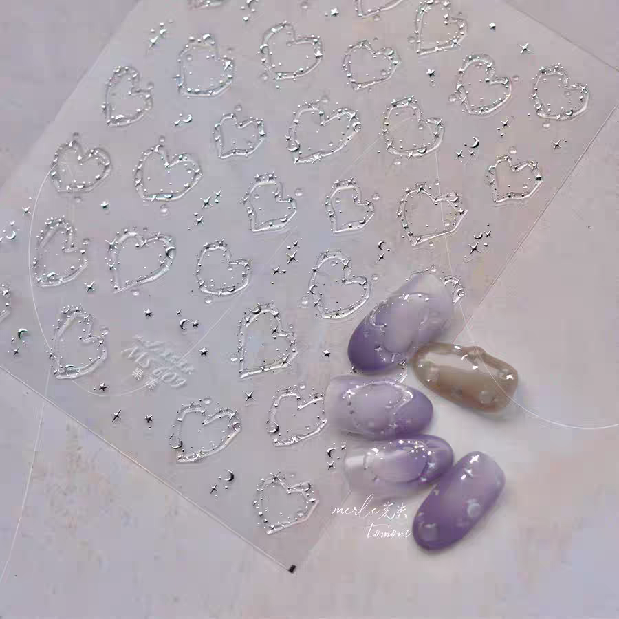 MS609(S) - Self-Adhesive Shimmering Heart Nail Stickers (Silver)