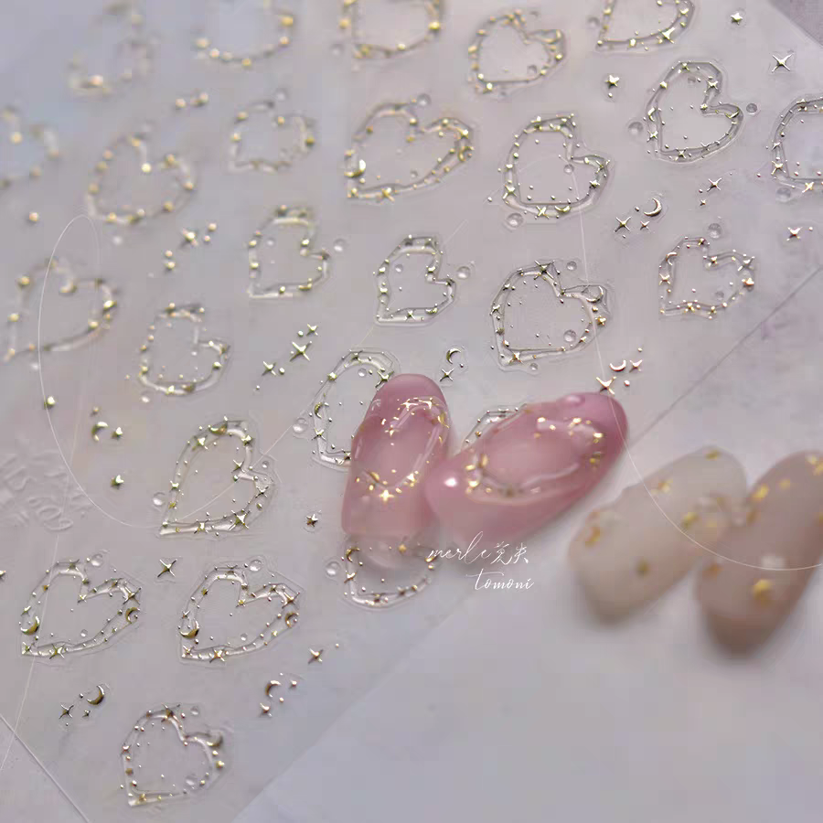 MS609(G) - Self-Adhesive Shimmering Heart Nail Stickers (Gold)